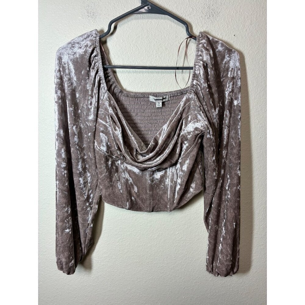 Francesca's Blouse Off Shoulder Velvet Boho Cottage Long Sleeve Beige Size Small